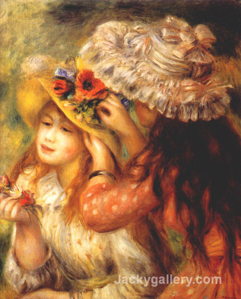 Girls putting flowers on their hats by Pierre Auguste Renoir paintings reproduction